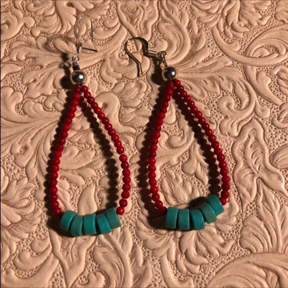 Jewelry - TURQUOISE DISC BEADS CORAL JACLA EARRINGS